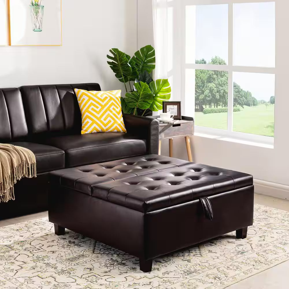 Caramel, Folding Storage Ottoman, Upholstered Leather Ottoman Coffee Table, Large Ottoman with Storage for Living Room