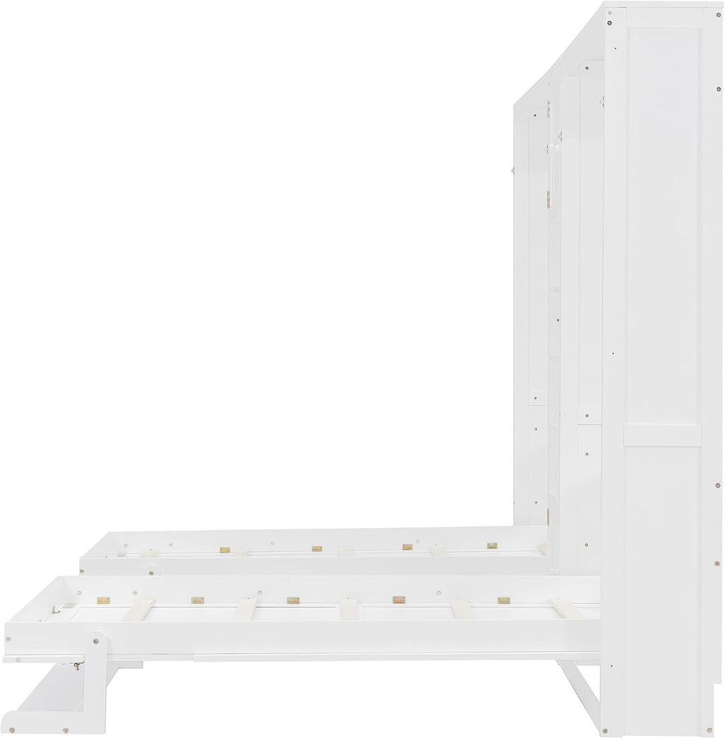 Dual Twin Size Murphy Bed, Wooden Wall Bed with Cabinets and Shelves, White