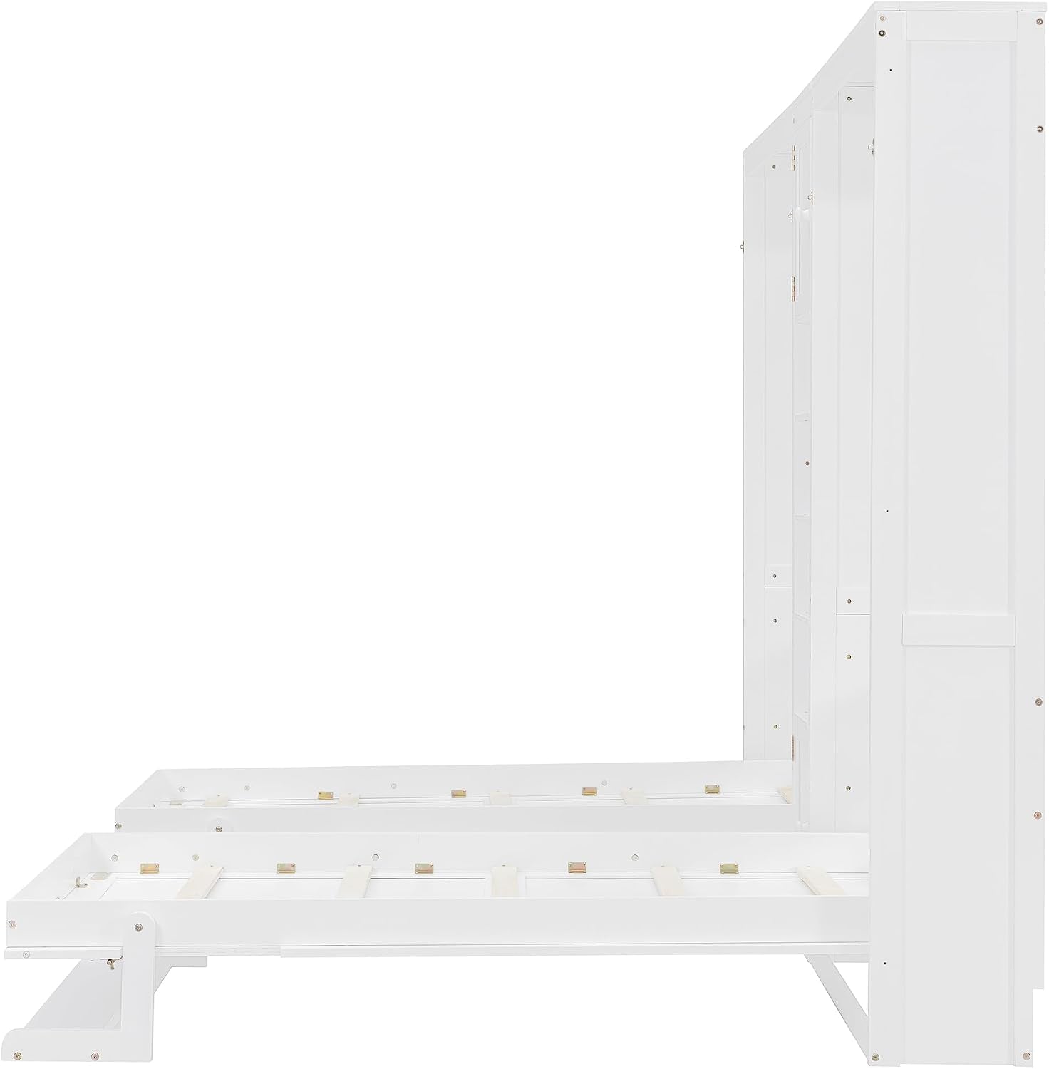 Dual Twin Size Murphy Bed, Wooden Wall Bed with Cabinets and Shelves, White