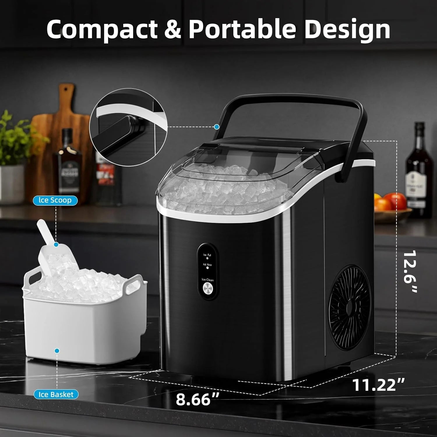 Nugget Ice Maker Countertop, Ready in 6 Mins ,35Lbs /24H with Self-Cleaning,Portable Sonic Ice Machine for Home/Office/Bar, Black