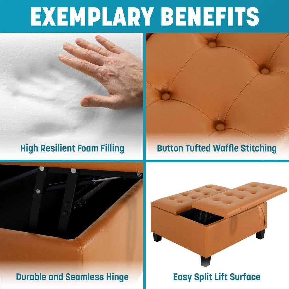 Caramel, Folding Storage Ottoman, Upholstered Leather Ottoman Coffee Table, Large Ottoman with Storage for Living Room
