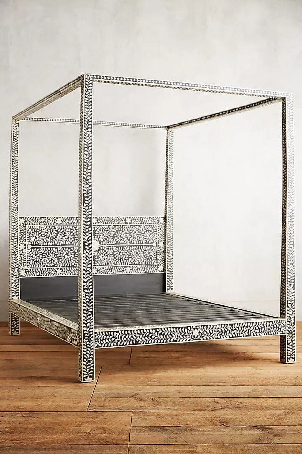 Lakecity Arts Bone Inlay Floral Design Four Poster Bed Black, Bone Inlay Floral Design Four Poster Double Bed Black