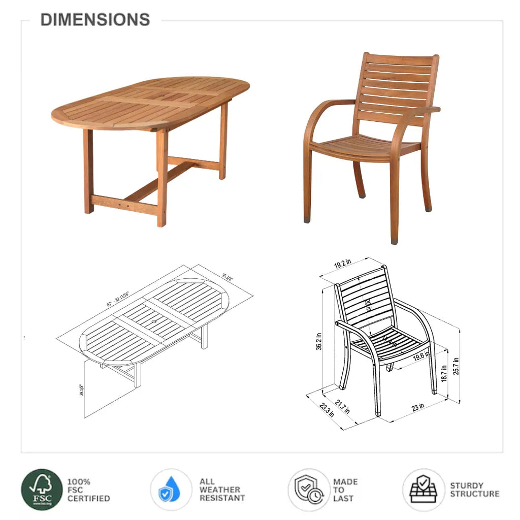 Outdoor 7 -Piece Natural Patio Dining Set Extendable Table Wood Oval Table with 6 Stackable Stationary Chairs