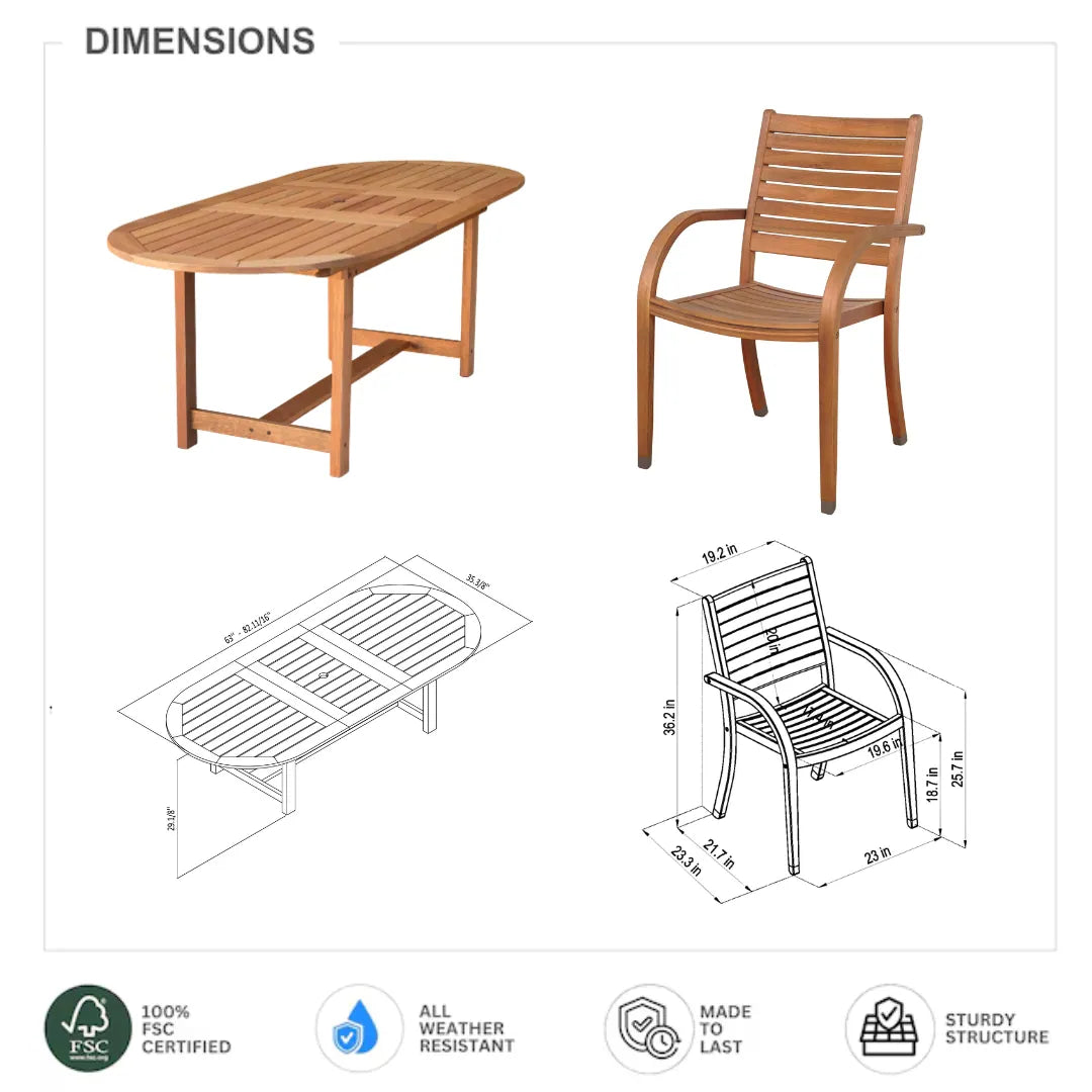 Outdoor 7 -Piece Natural Patio Dining Set Extendable Table Wood Oval Table with 6 Stackable Stationary Chairs