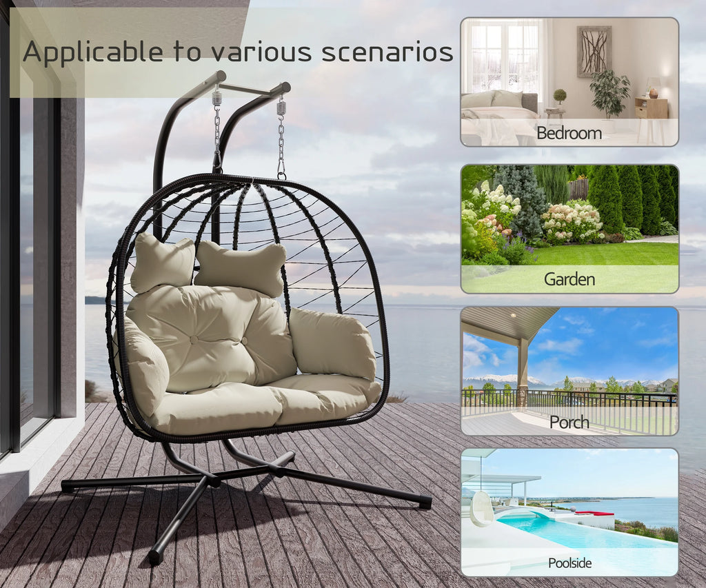 Double Wicker Swing Egg Chair Hammock Foldable Hanging Loveseat with Stand, UV Resistant Removable Cushions, 700LBS Capacity for Bedroom, Balcony (Black and Beige)