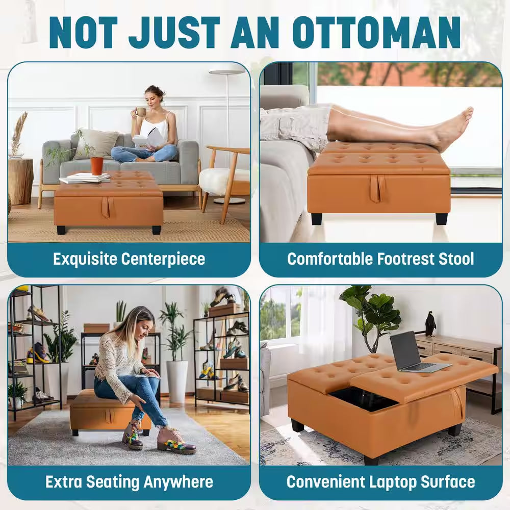 Caramel, Folding Storage Ottoman, Upholstered Leather Ottoman Coffee Table, Large Ottoman with Storage for Living Room