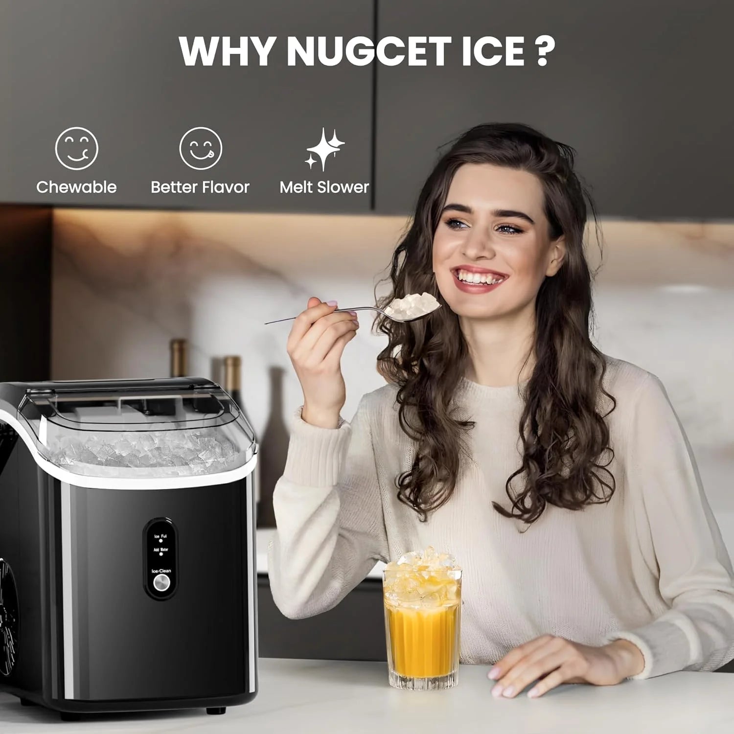 Nugget Ice Maker Countertop, Ready in 6 Mins ,35Lbs /24H with Self-Cleaning,Portable Sonic Ice Machine for Home/Office/Bar, Black