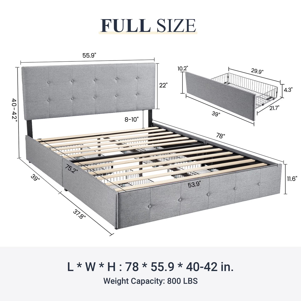 Full Size Upholstered Platform Bed Frame with 4 Drawers Storage and Square Stitched Button Tufted Headboard, Light Grey