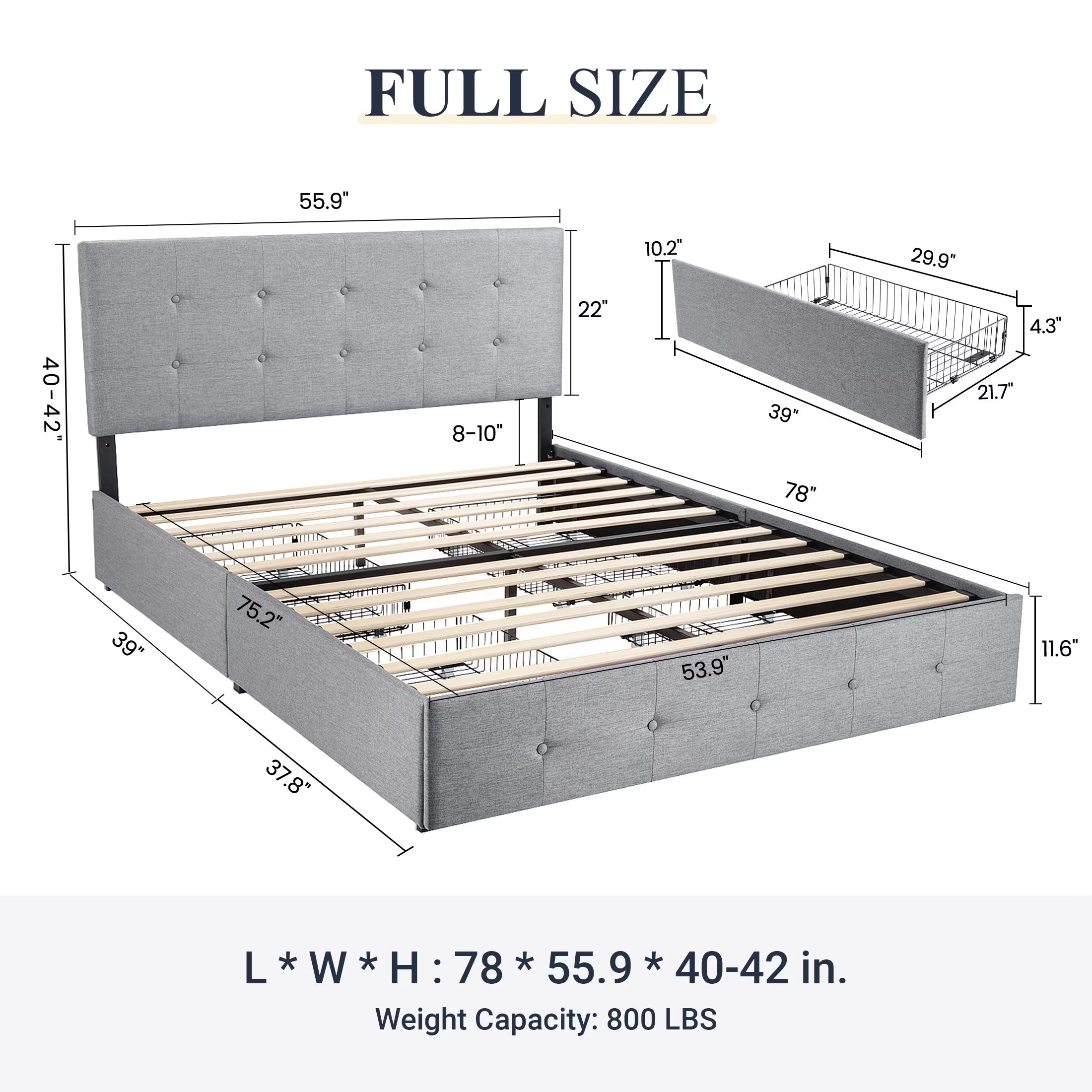 Full Size Upholstered Platform Bed Frame with 4 Drawers Storage and Square Stitched Button Tufted Headboard, Light Grey