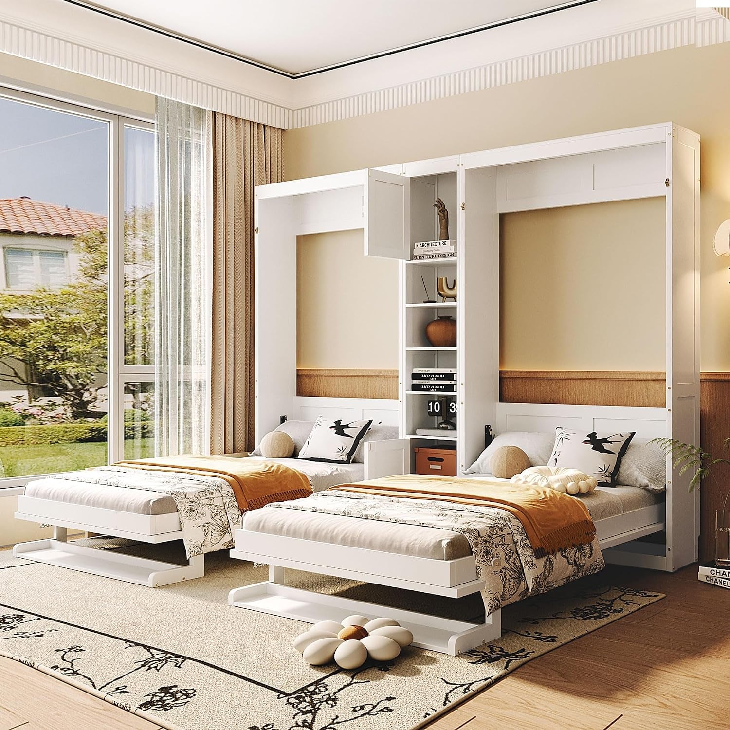 Dual Twin Size Murphy Bed, Wooden Wall Bed with Cabinets and Shelves, White