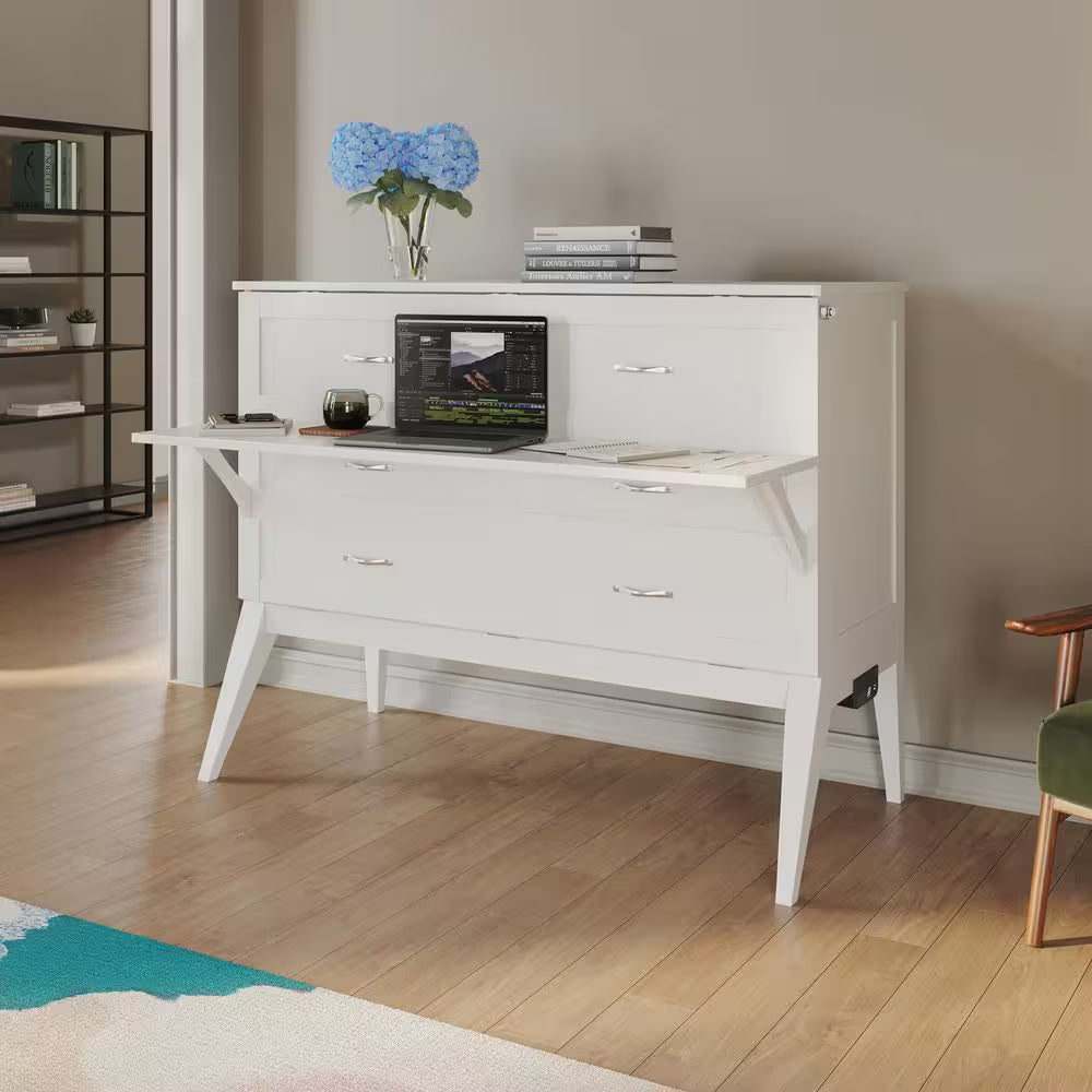 Northampton White Solid Wood Frame Full Size Murphy Bed Desk with Mattress