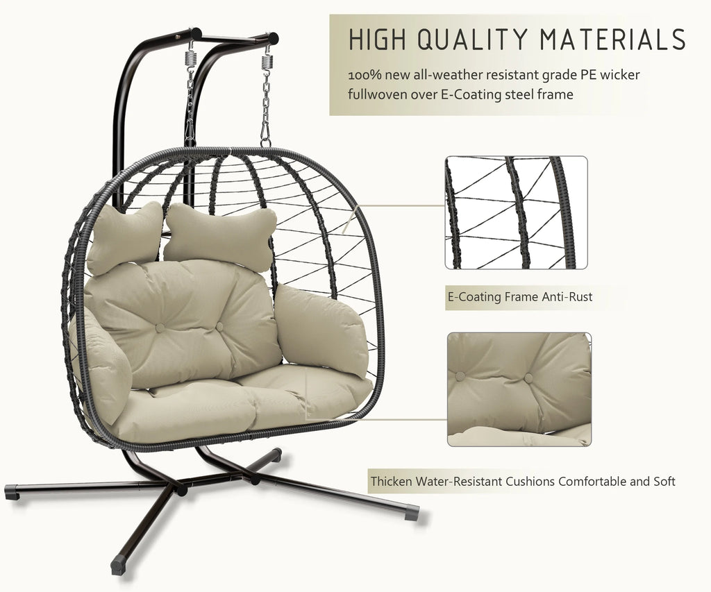 Double Wicker Swing Egg Chair Hammock Foldable Hanging Loveseat with Stand, UV Resistant Removable Cushions, 700LBS Capacity for Bedroom, Balcony (Black and Beige)