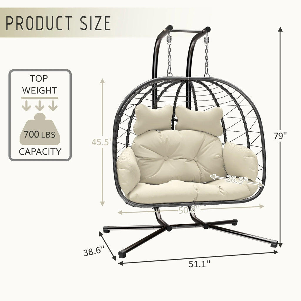 Double Wicker Swing Egg Chair Hammock Foldable Hanging Loveseat with Stand, UV Resistant Removable Cushions, 700LBS Capacity for Bedroom, Balcony (Black and Beige)