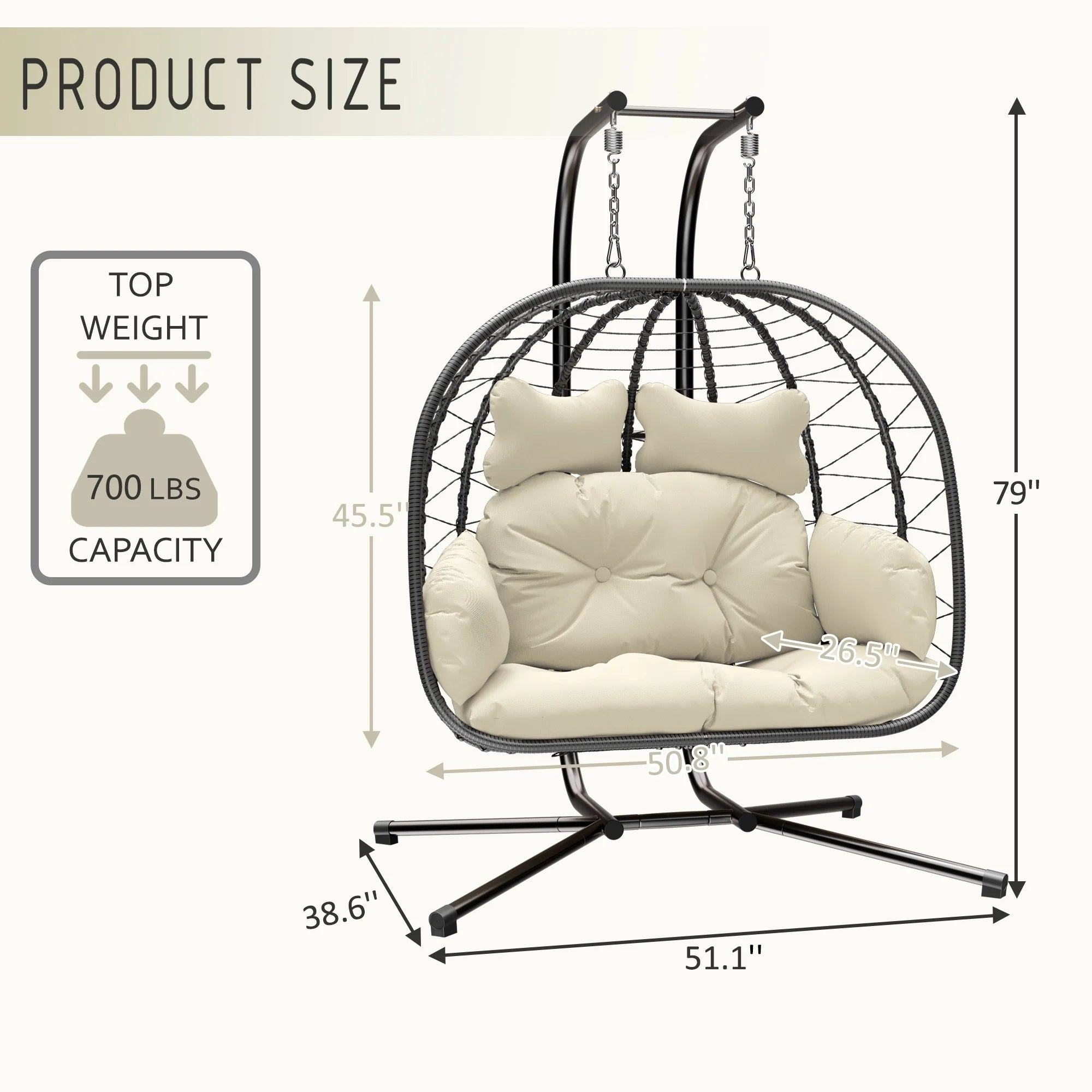 Double Wicker Swing Egg Chair Hammock Foldable Hanging Loveseat with Stand, UV Resistant Removable Cushions, 700LBS Capacity for Bedroom, Balcony (Black and Beige)