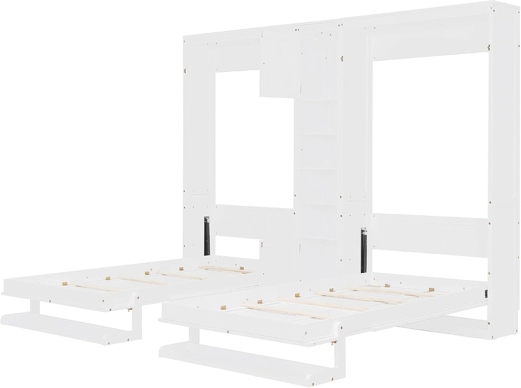Dual Twin Size Murphy Bed, Wooden Wall Bed with Cabinets and Shelves, White