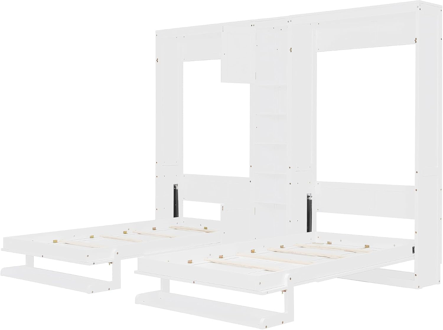 Dual Twin Size Murphy Bed, Wooden Wall Bed with Cabinets and Shelves, White