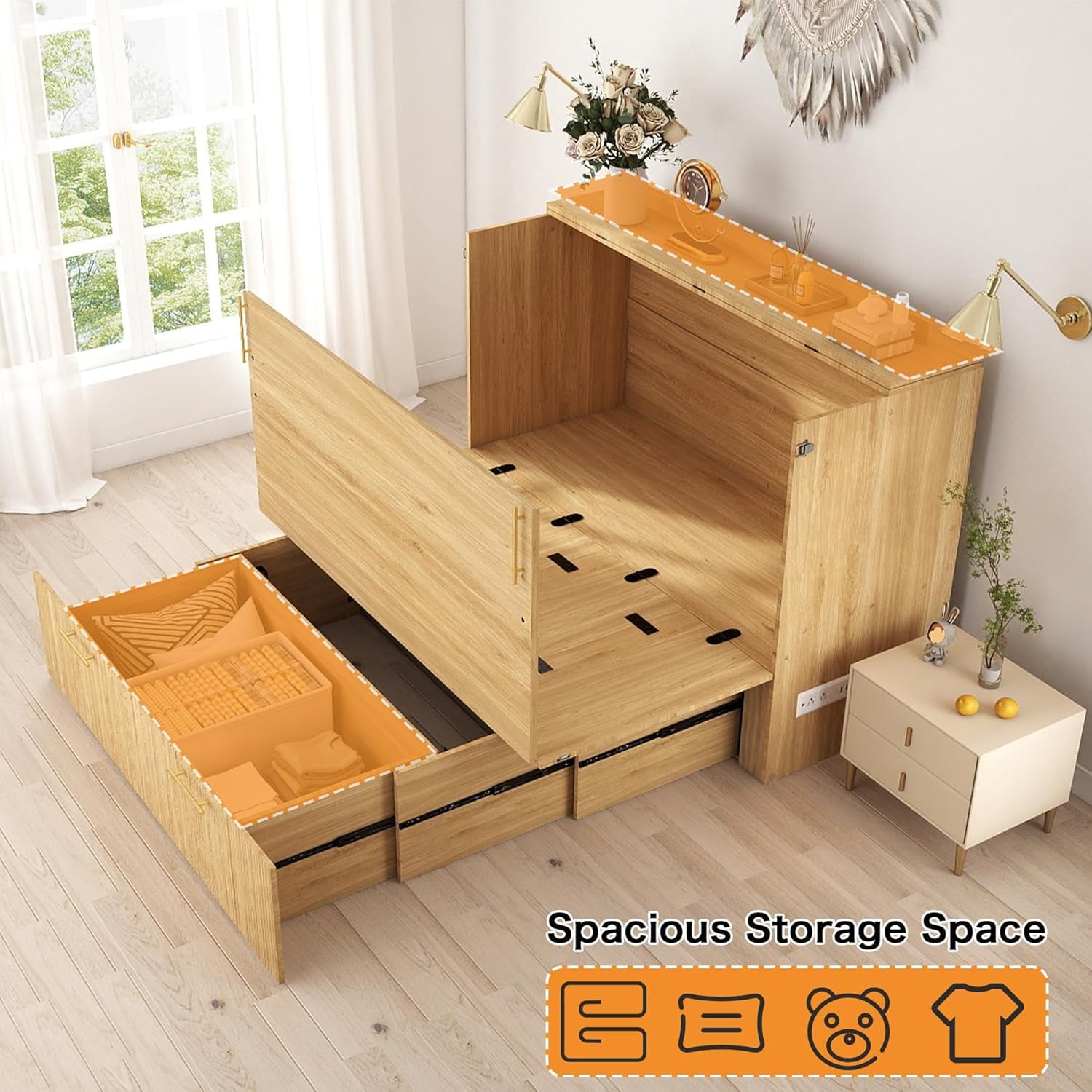 Murphy Bed Cabinet Full: Oak Hideaway Bed Cabinet with Drawer, Fluted Murphy Beds with Charging Station, Wood Cabinets Beds for Guest Room, Home Office